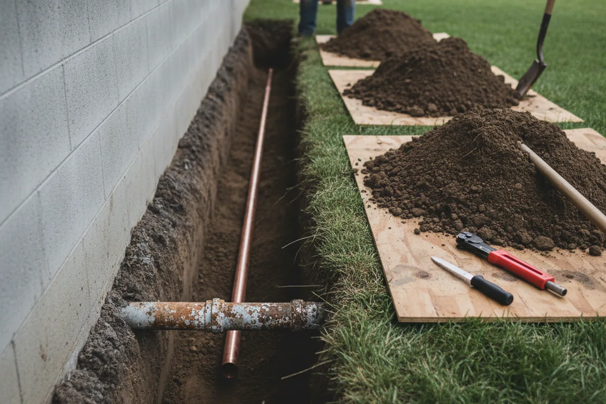 Excavated water line trench during Water Softener Installation in Capron
